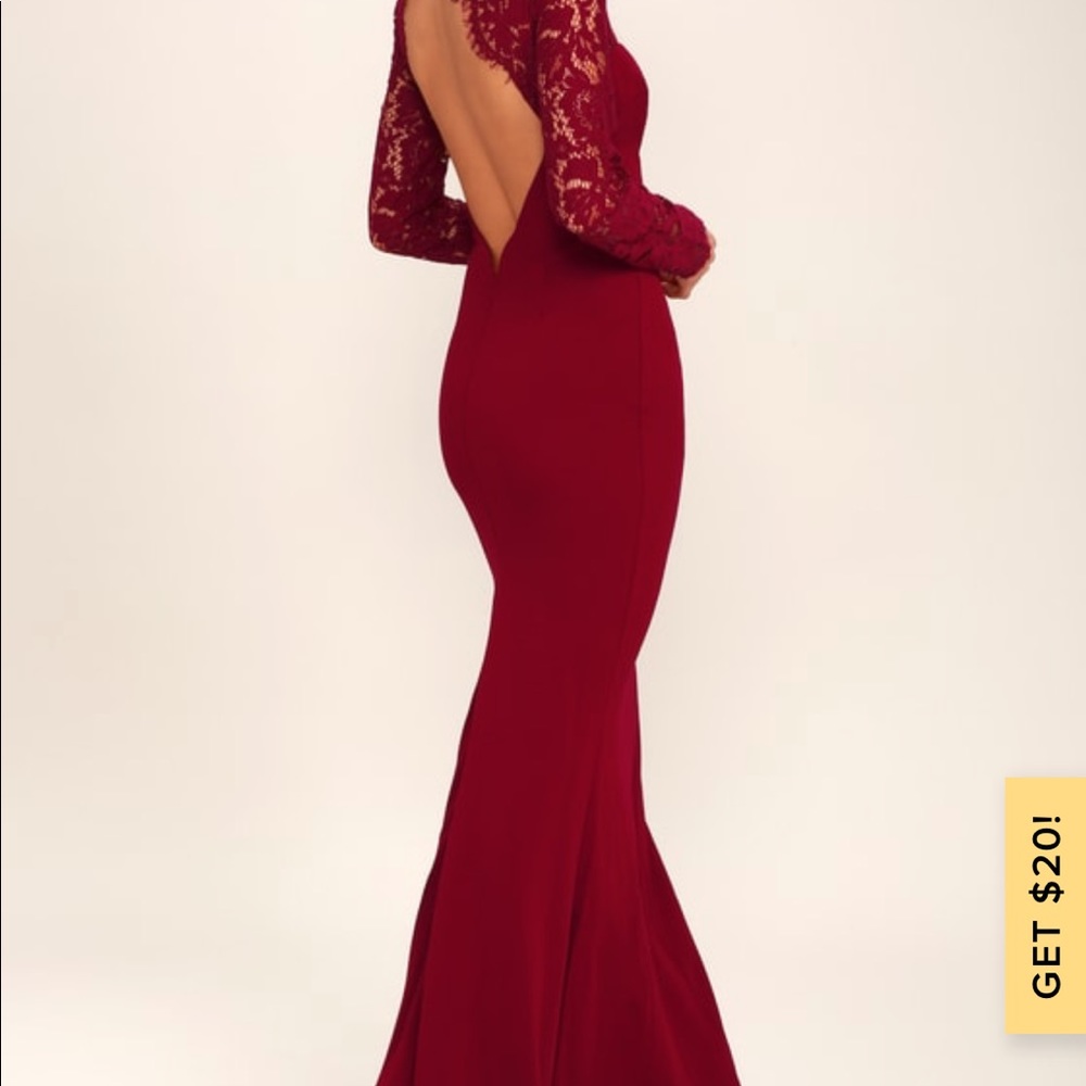 Lulus Whenever you call wine red lace maxi dress